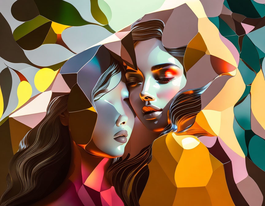 Stylized faces with vibrant, geometric patterns in modern art.