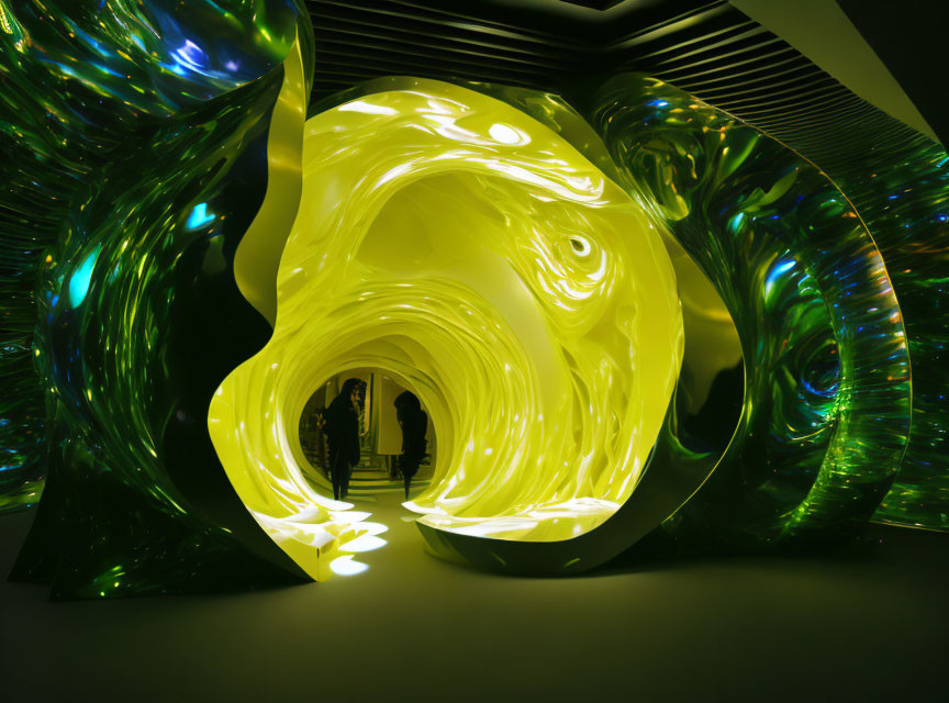 Colorful Abstract Art Installation with Green and Yellow Swirls and Silhouetted Figures