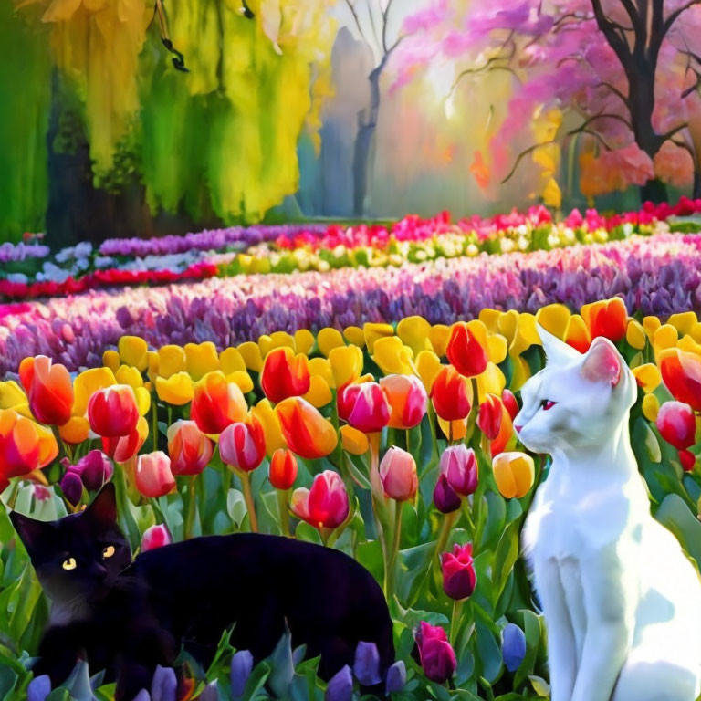 Colorful Tulip Garden with White and Black Cats