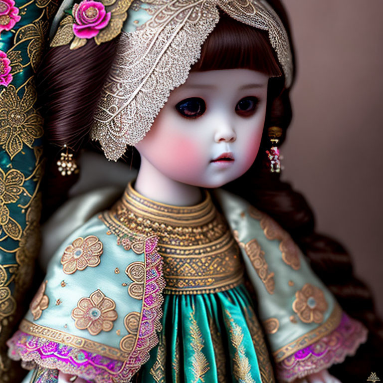 Traditional porcelain doll with gold detail and floral patterns