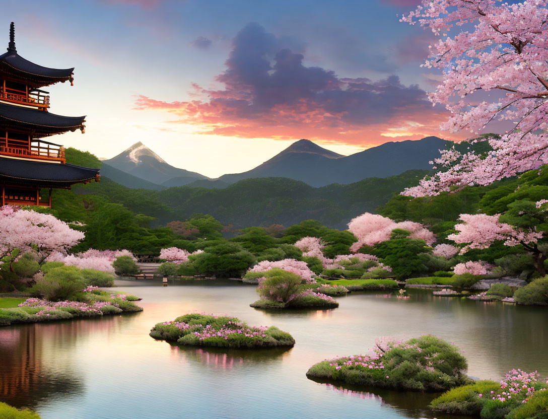 Cherry blossom pond with pagoda, mountains, and sunset sky