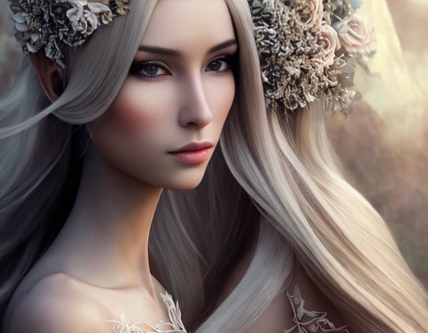 Detailed digital artwork: Woman with long silver hair and floral headpieces in sunlit setting