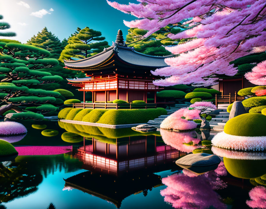 Tranquil Japanese garden with red pagoda, pink cherry blossoms, green bushes, and reflective