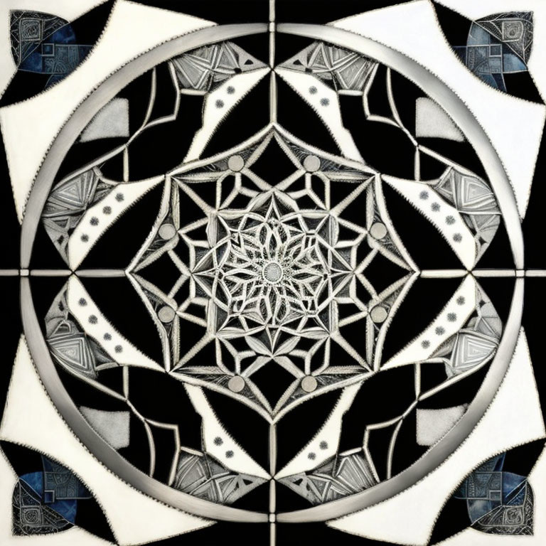 Symmetrical monochromatic mandala with geometric and floral designs on checkered background