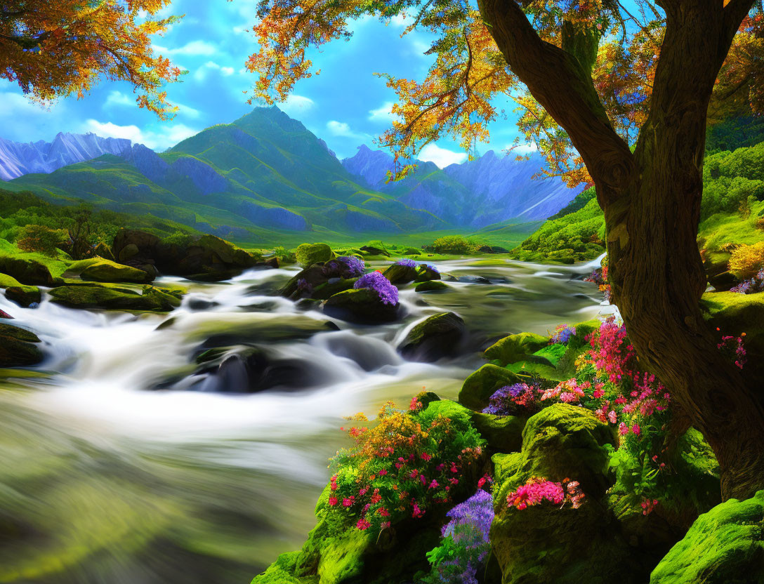 Vibrant river flowing through lush landscape with colorful trees and mountains