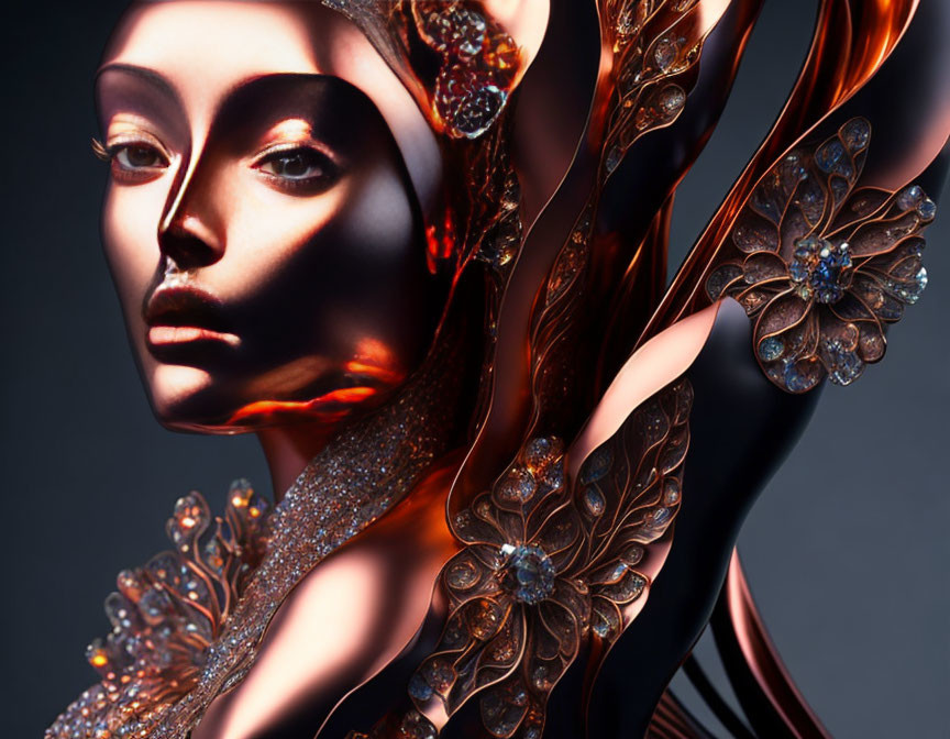 Close-up of mannequin with golden floral adornments and dramatic shadows