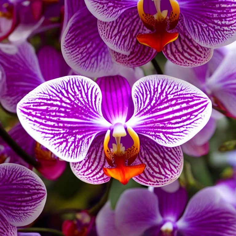 Detailed View: Purple and White Striped Orchid Flowers with Yellow and Orange Center