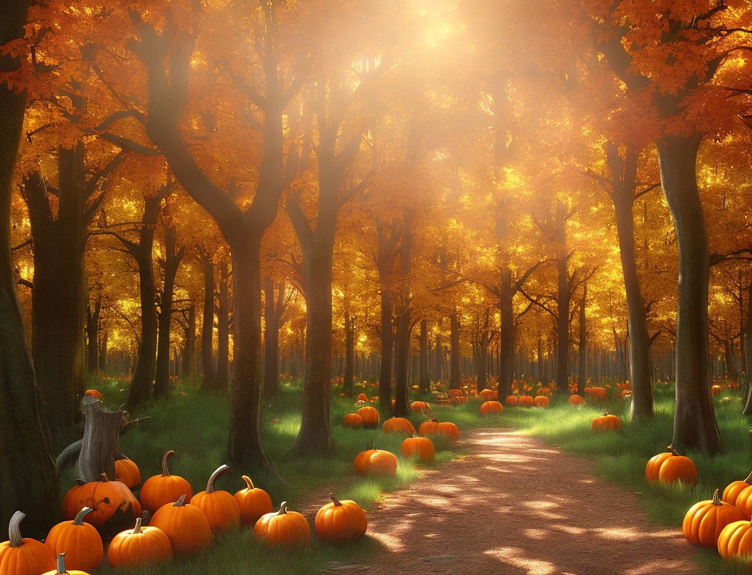 Tranquil autumn forest path with orange pumpkins under golden sunlight