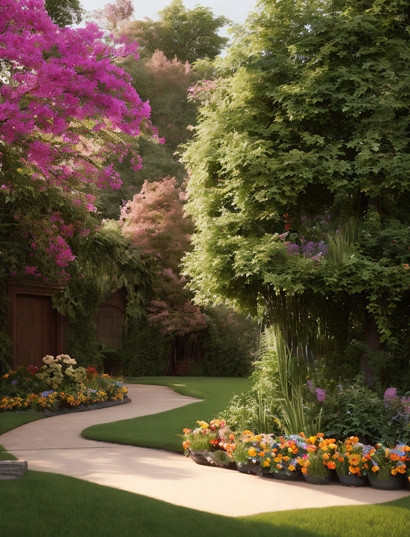 Tranquil garden pathway with vibrant flowering shrubs