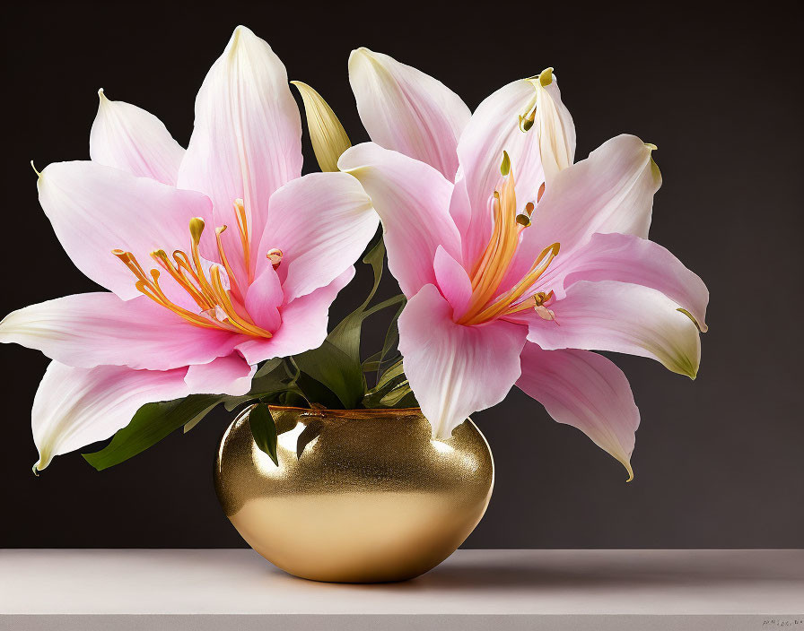 Pink and White Lilies in Gold Vase on Gray Background