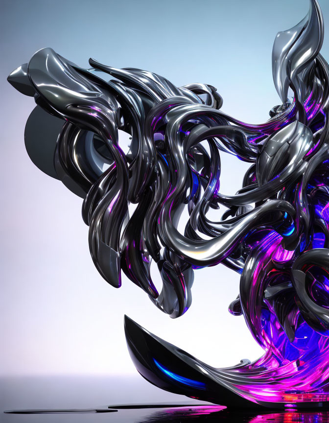 Glossy Metallic Structure with Silver and Purple Curves on Blue Gradient Background