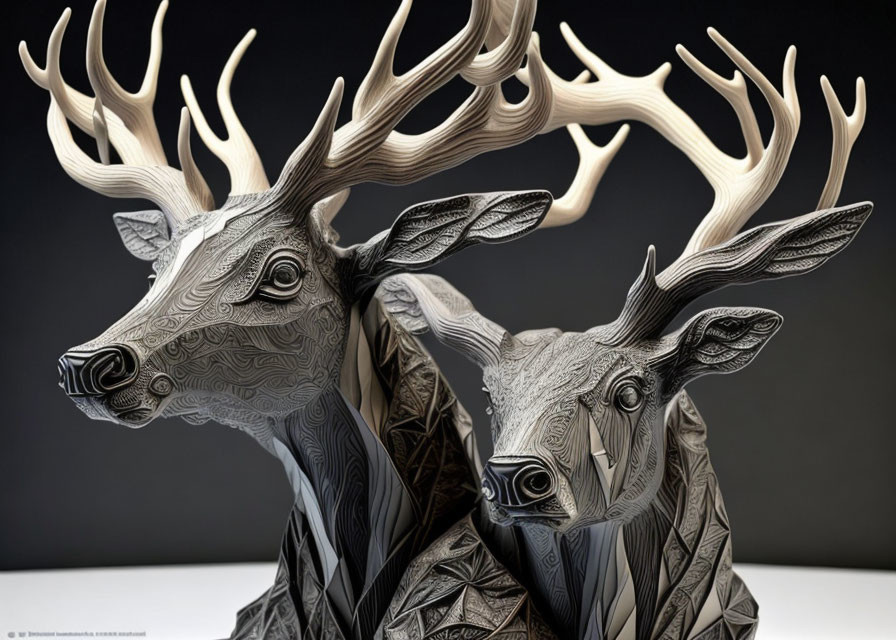 Geometric-patterned deer sculptures with sprawling antlers on gradient background