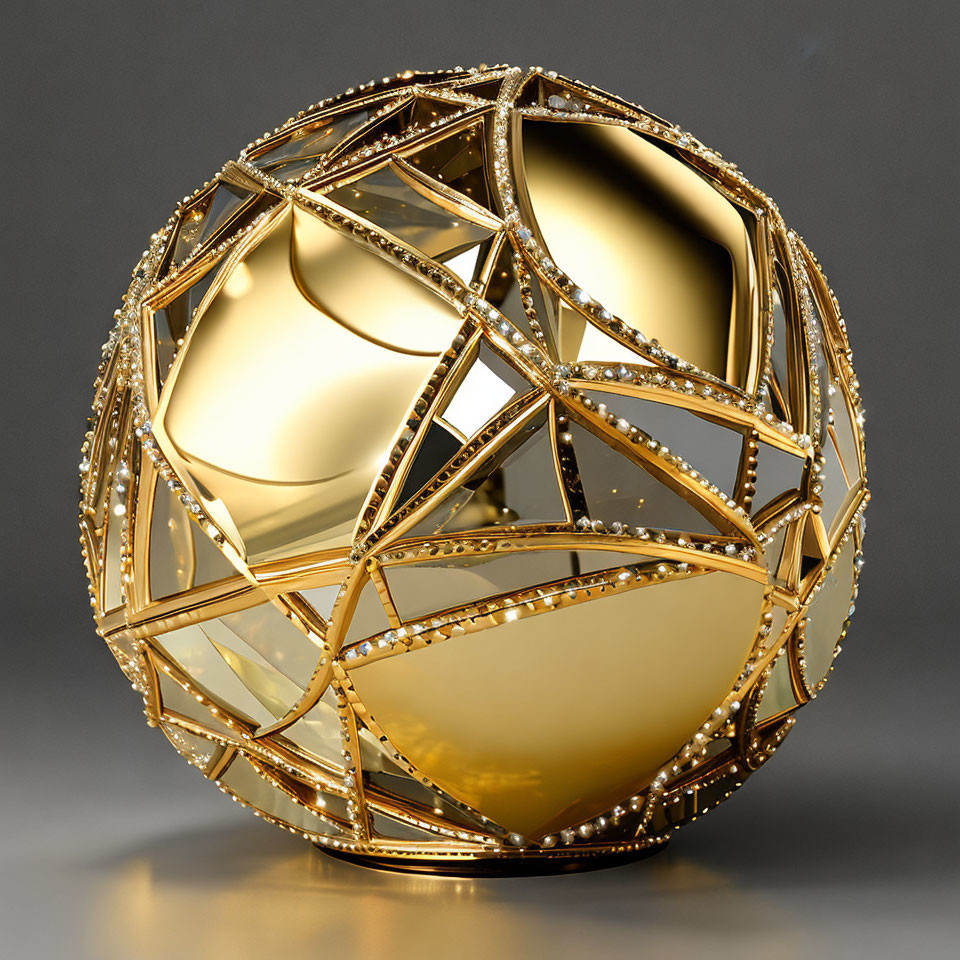 Geometric spherical structure with golden frames on grey background