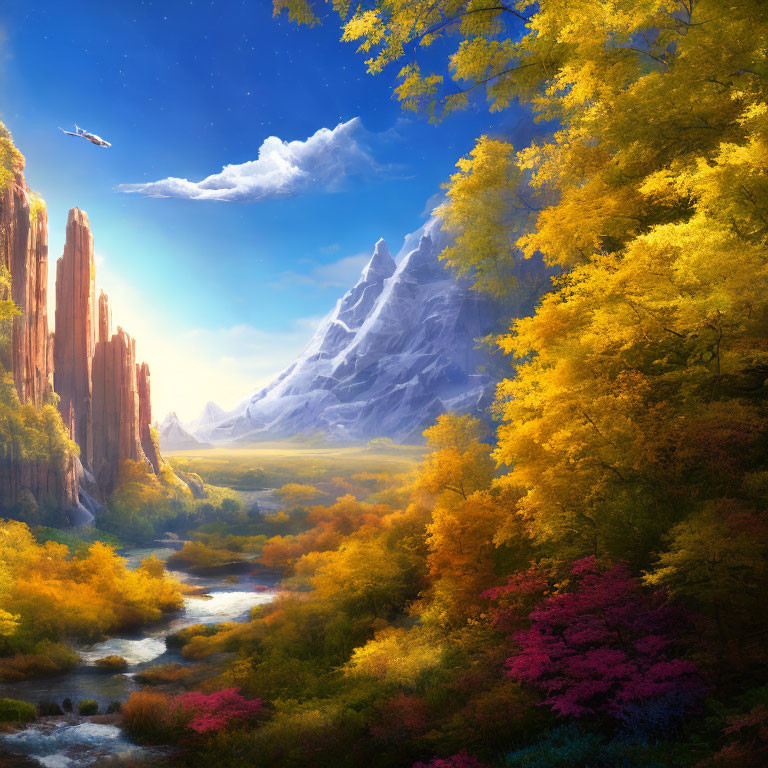 Colorful autumn landscape with river, cliffs, mountain, and spaceship.