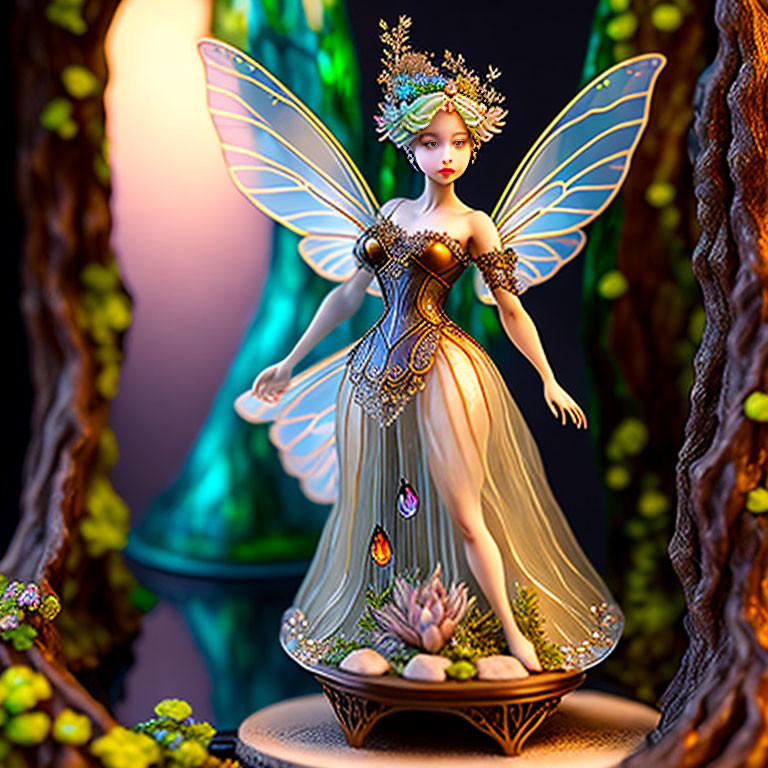 Detailed Fairy Figurine with Iridescent Wings in Mystical Forest Setting