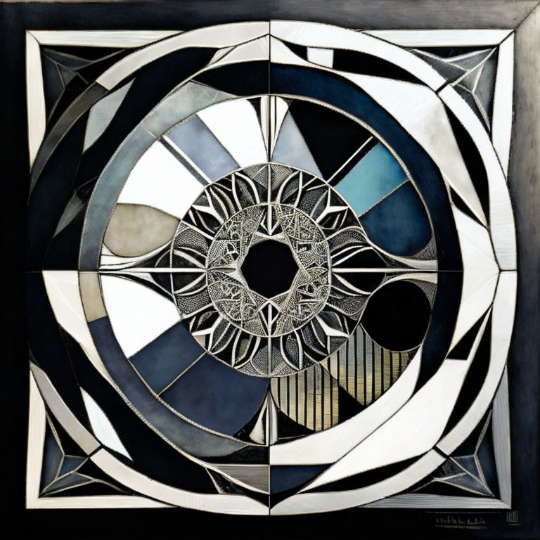 Geometric Abstract Art: Central Circular Motif, Black and White Contrast