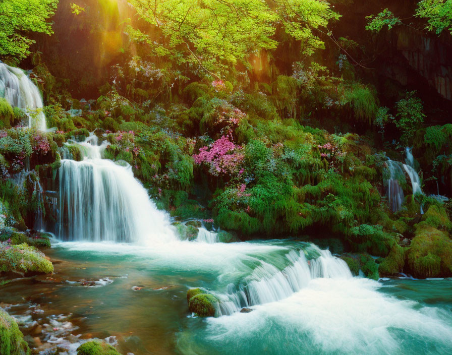 Lush greenery and mossy rocks frame cascading waterfalls under dappled sunlight, showcasing