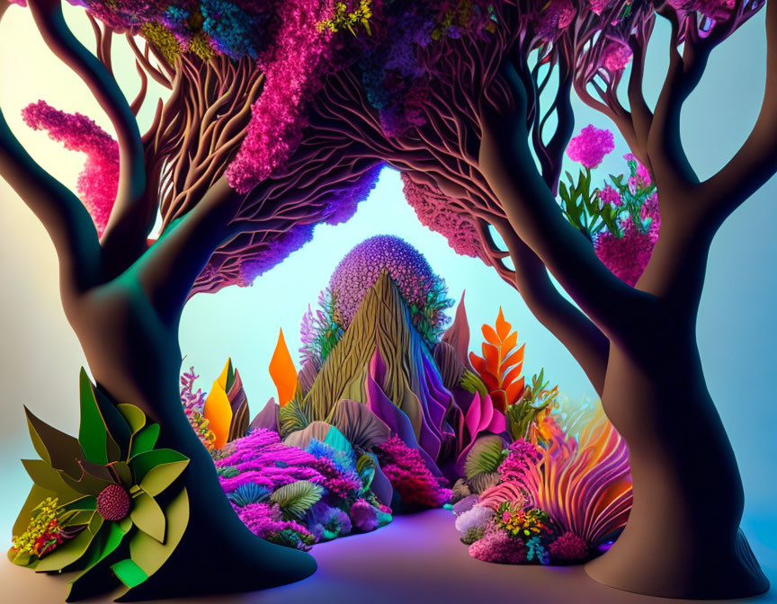 Colorful whimsical forest with vibrant purple, pink, blue, and orange hues