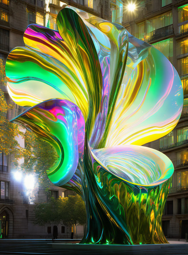 Iridescent abstract sculpture with flowing lines and vibrant colors against urban backdrop