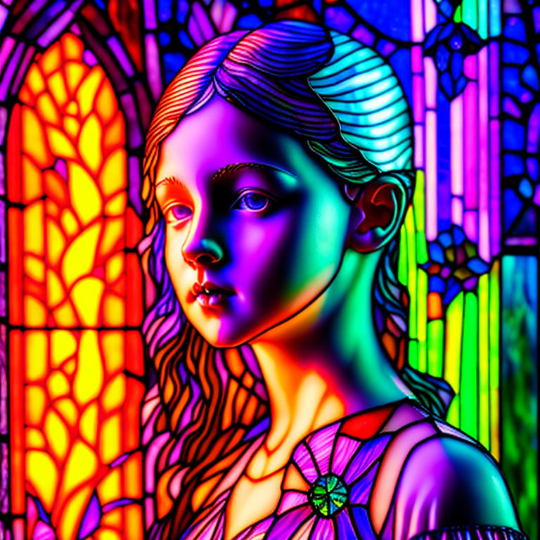 Colorful stained glass patterns on girl's profile in digital artwork