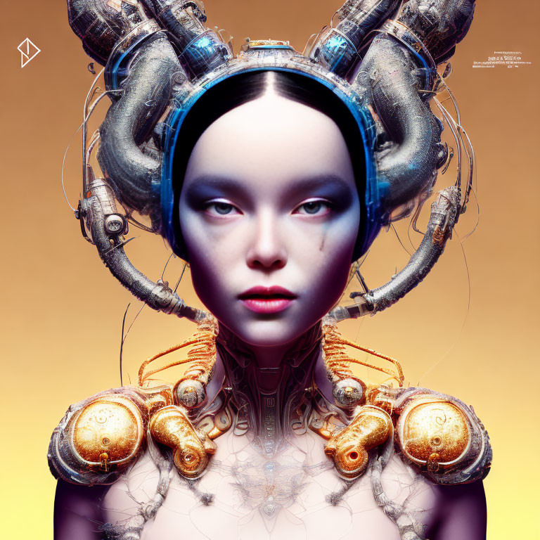 Digital artwork: Humanoid figure with mechanical parts and gold accents on serene face.