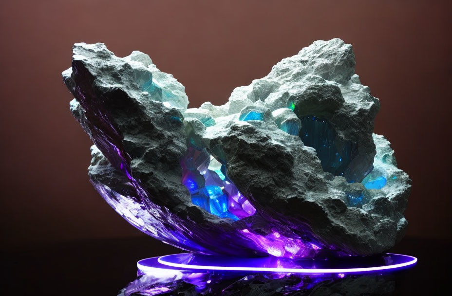 Vibrant blue crystal geode on platform with purple light ring