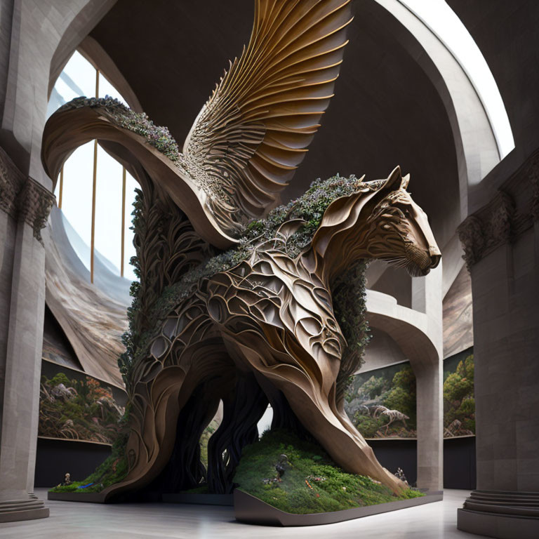 Mythical winged creature sculpture in atrium with leaf patterns