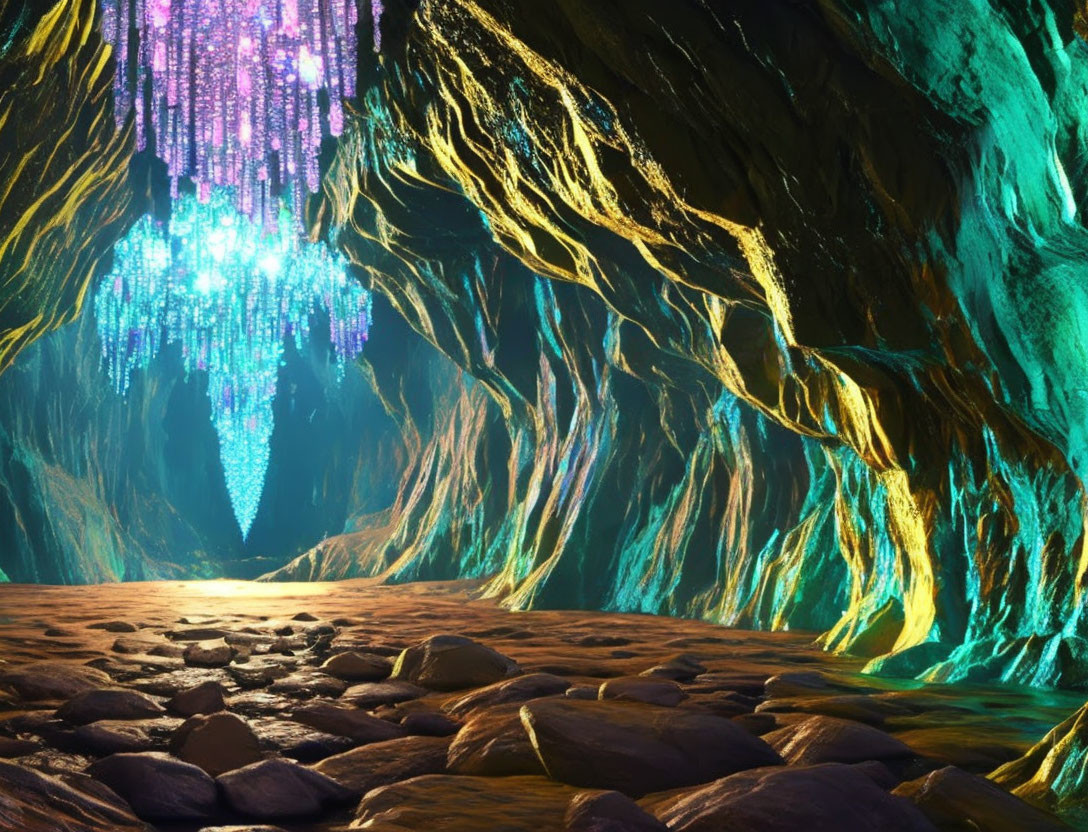 Mystical cave with radiant blue and green walls, glowing stalactites, and stone-laden