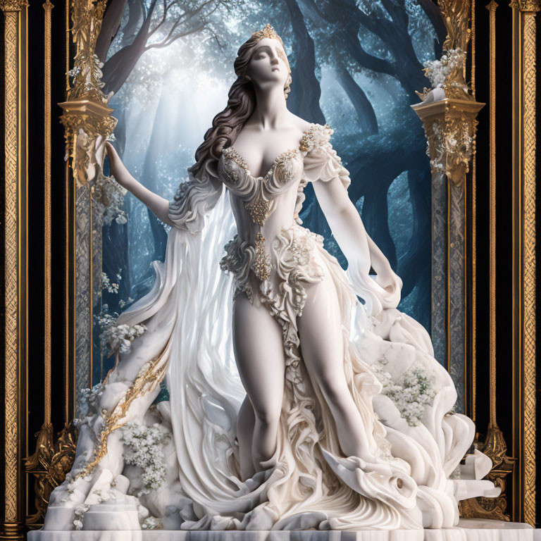 Detailed sculpture of woman in flowing robes framed in ornate gold against mystical forest.