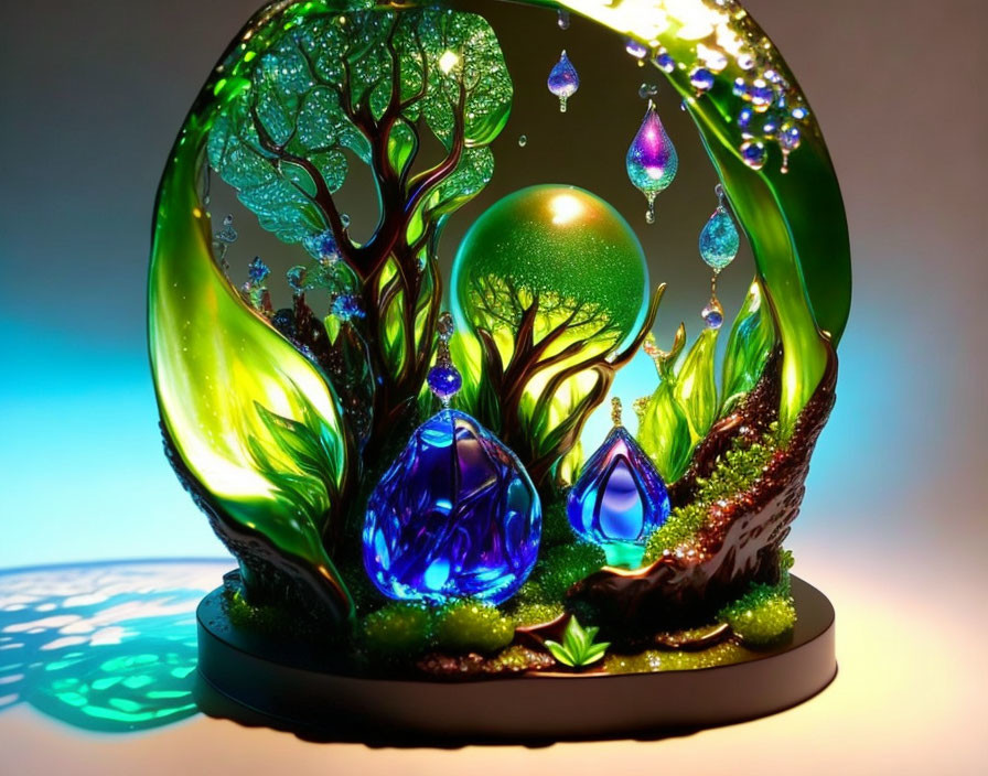 Vibrant Glass Sculpture with Tree and Gem-like Droplets