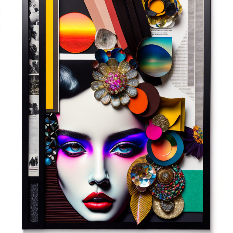 Colorful Geometric Shapes Surrounding Woman's Face Collage