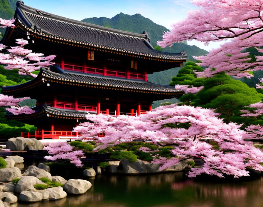 Japanese architecture with cherry blossoms, pond, and mountain view