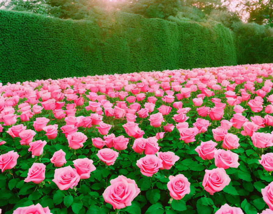 Lush pink rose field with green hedges under sunlight