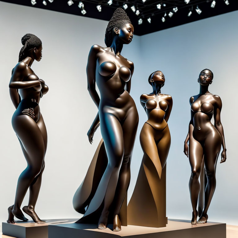 Bronze statues of women in varied poses at art gallery spotlighting