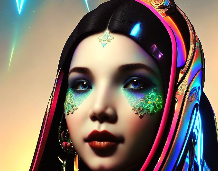 Vibrant digital artwork: Woman in futuristic headscarf, glowing patterns, serene expression