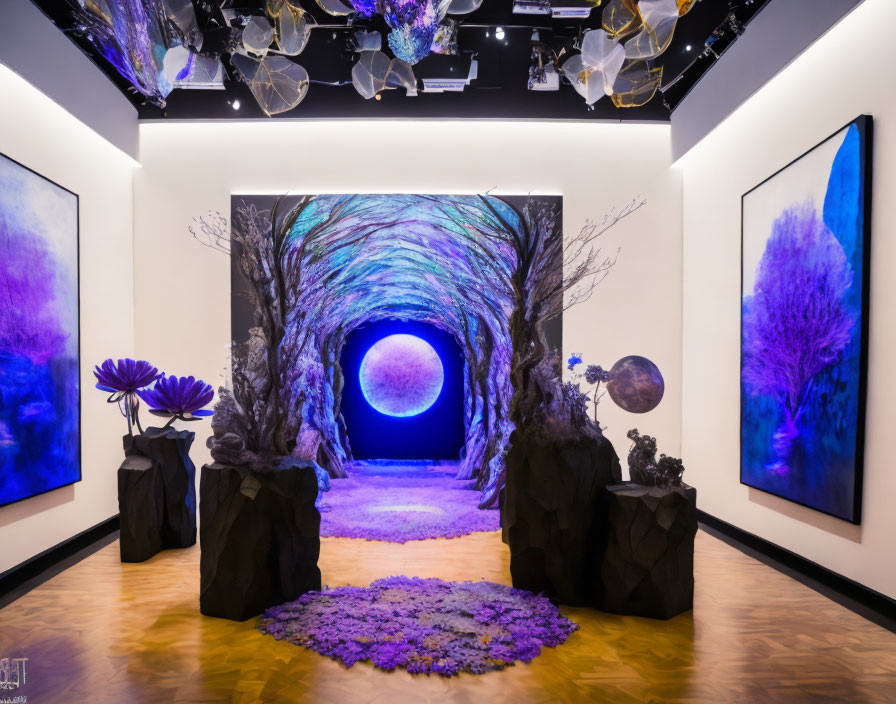 Glowing Blue Tunnel with Sculptures and Nature-Inspired Artworks