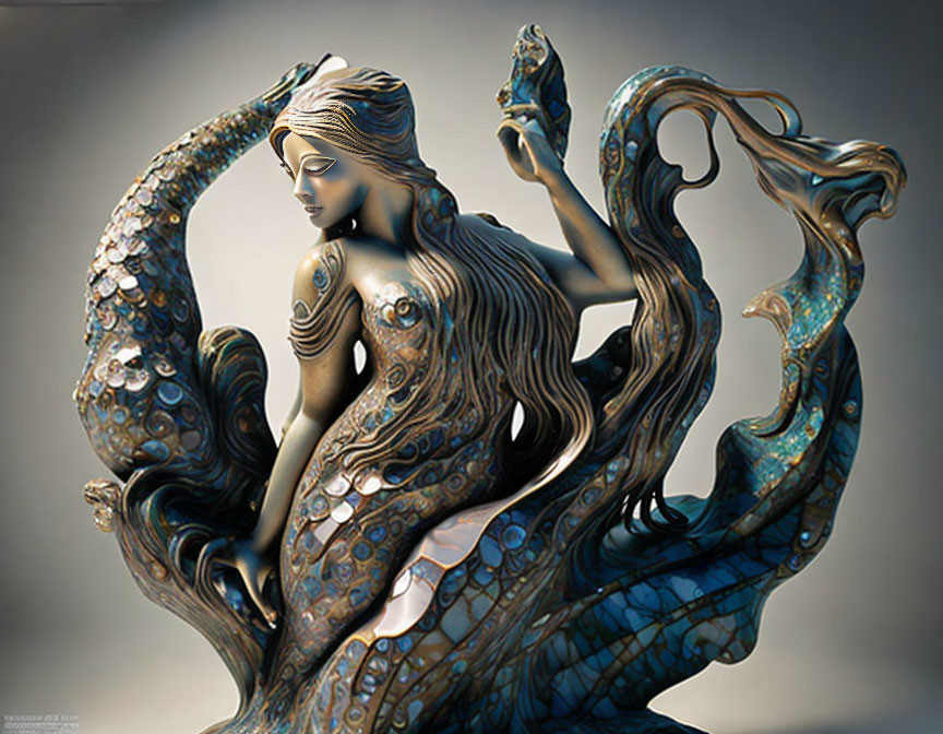 3D rendering of female figure with flowing wave-like hair and gown, adorned with intricate patterns