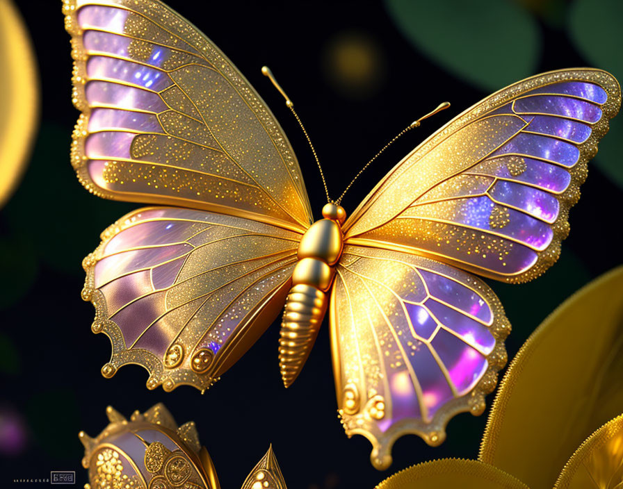 Detailed Golden Butterfly Digital Art on Dark Background