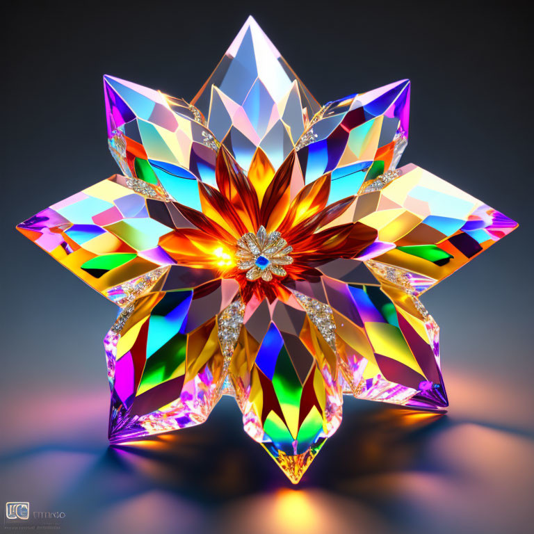 Colorful Crystal Flower with Gem Center on Reflective Surface