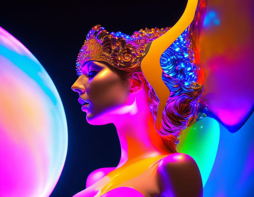 Woman in Ornate Headpiece Glowing in Neon Lights