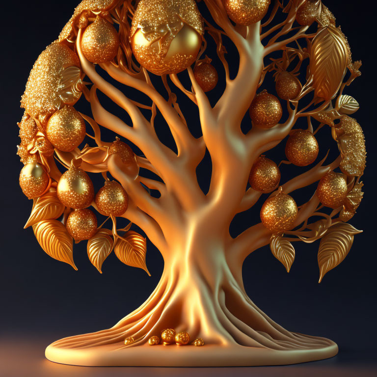 Golden tree with shiny baubles and leaves on dark backdrop