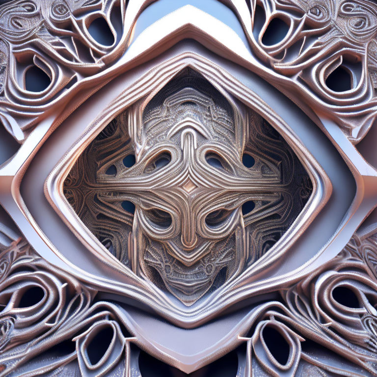 Symmetrical brown and blue fractal pattern resembling geological formations