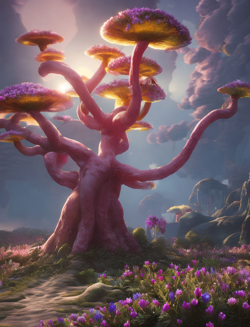 Fantasy landscape with large pink tree and purple flowers