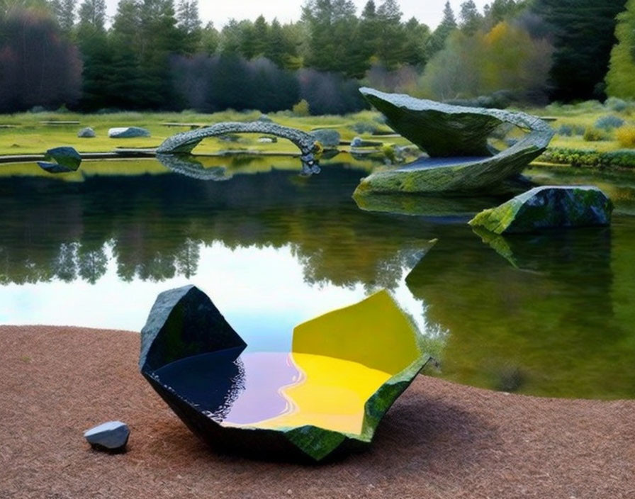 Colorful Floating Rocks in Serene Lake Scene