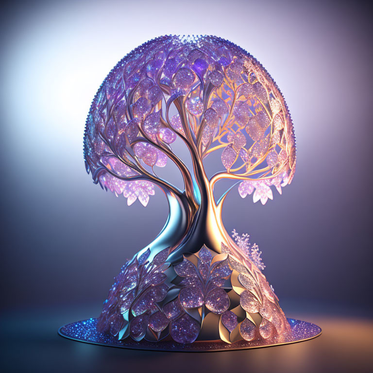 Metallic trunk and purple crystal-like leaves on illustrated tree.