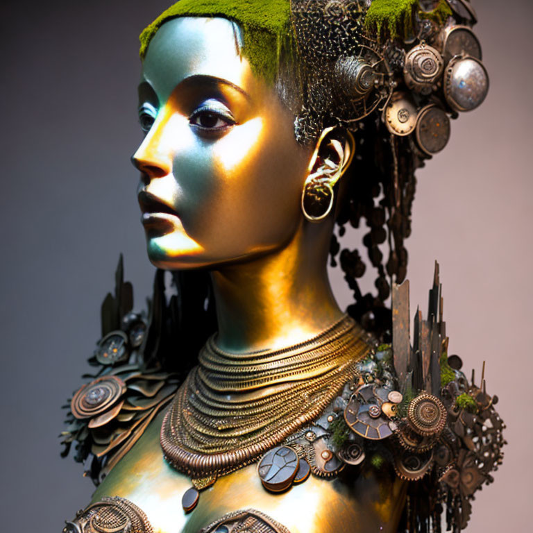 Metallic gold steampunk bust of a woman with intricate mechanical headdress and gear jewelry