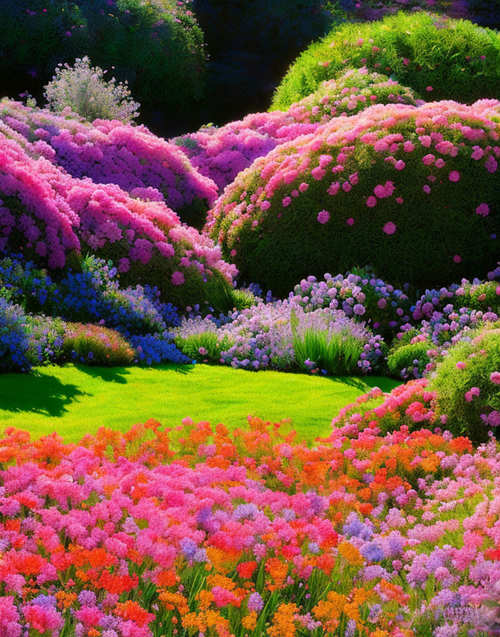 Lush garden with vibrant pink, purple, and orange flowers