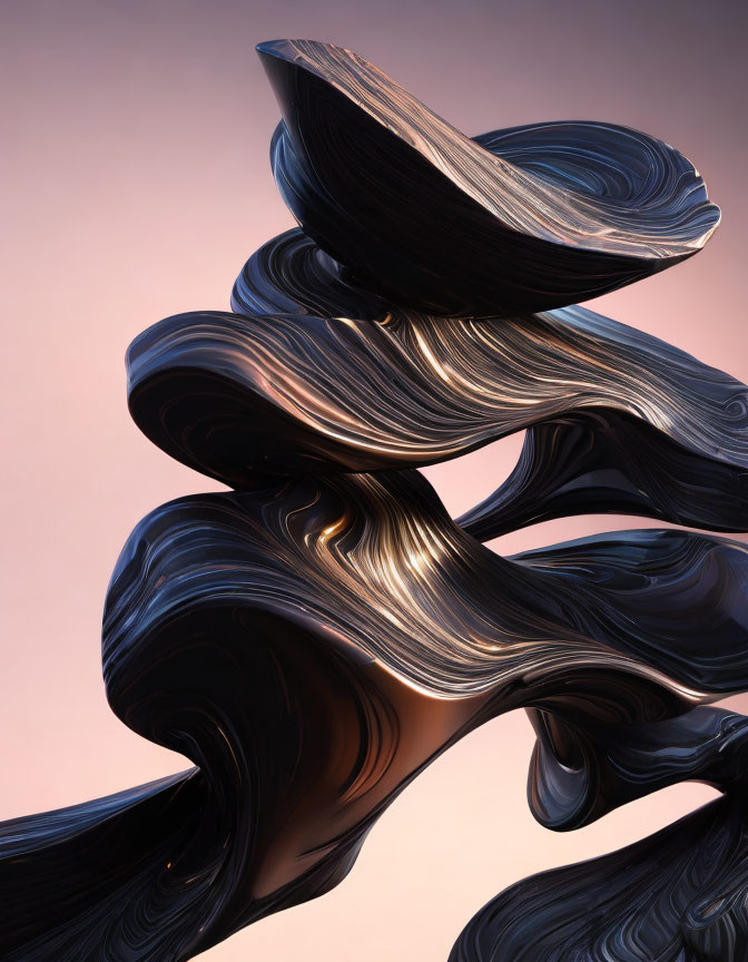 Twisted black sculptures with metallic highlights on pink gradient.