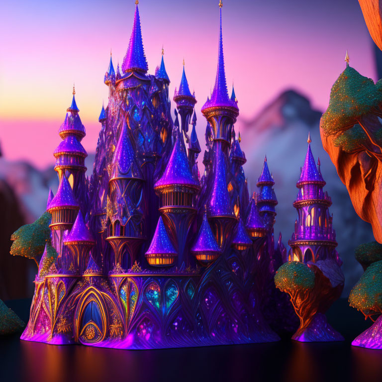 Purple illuminated castle with ornate spires in twilight sky.