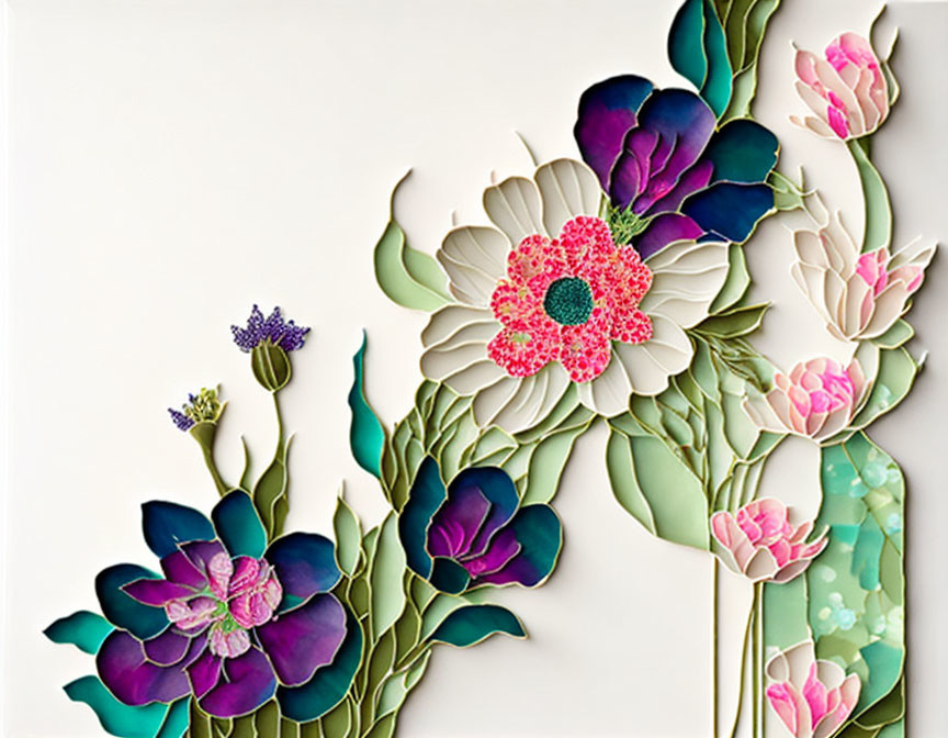 Colorful Paper-Crafted Flowers on White Background